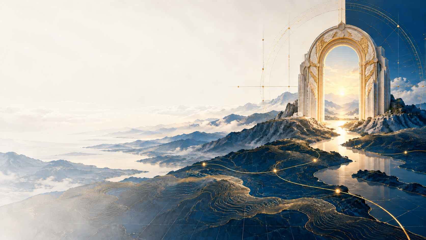 An open ivory arch with feather-carved ornament, light, mapped terrain and fine gold connections.